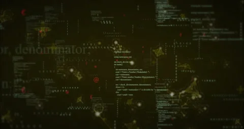 Code bits drifting into view sparking digits cascading nodes connecting for Stock Footage 312361454