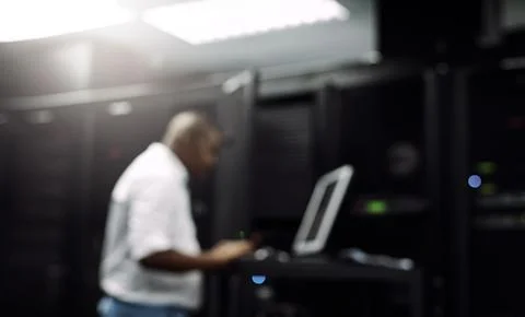 Code, black man or coding on computer in server room for big data, tech glitch Stock Photos