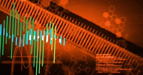 Code block appearing, helix shifting and bars rising, visualizing data trends in Stock Footage 328468952