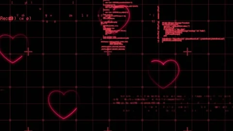 On code block appearing right, heart icons pulsing drifting while code scrolling Stock Footage 317592974
