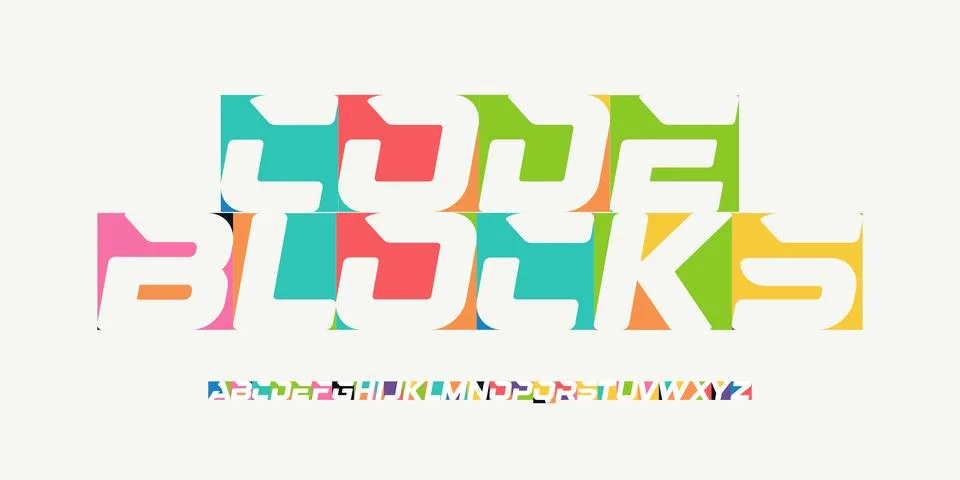 Code Blocks colorful geometric font alphabet, playful block letters for coding Stockillustratie