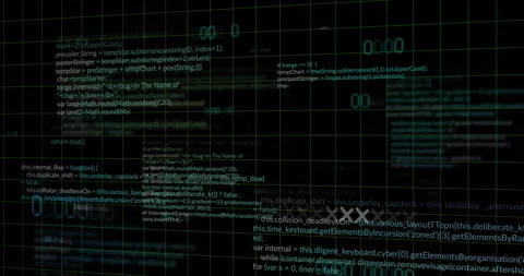Code blocks fading on green grid while numeric readouts pulsing, camera rotating Stock Footage 313554583