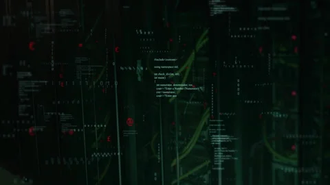 Code blocks fading in initiating data streams flashing red dots across cables Stock Footage 314527566