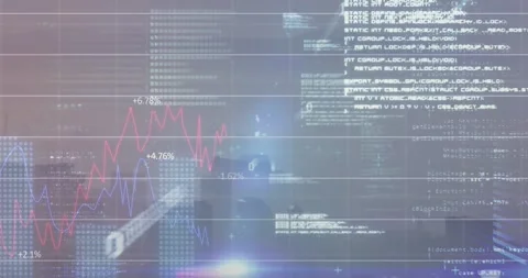 Code blocks initiating HUD animating over skyline blue line rising pointer 動画素材 328469334