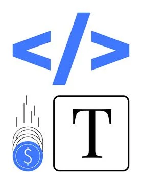 Code Brackets, Falling Coins, and Text Symbol. Elements for Coding, Finance.. Stock Illustration