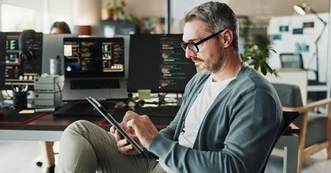 Code, business man and engineer on tablet for software development, scroll or 写真素材