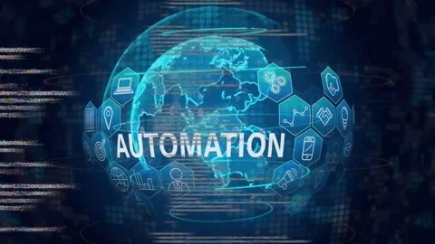 Code cascading, globe rotating, AUTOMATION appearing, hex icons orbiting Stock Footage 334744417
