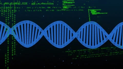 Code cluster appearing, blue DNA helix remaining centered while green code Stock Footage 328700654