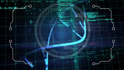 Code clusters sliding initiating zooming rotating helix while reticles pulsing Stock Footage 311900716