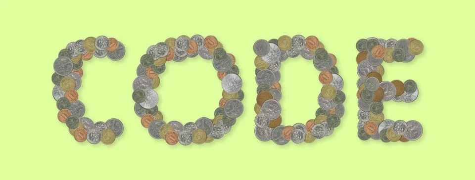CODE  Coins on green background Stockfoto's