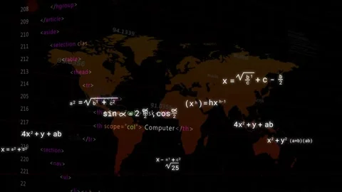 Code column appearing, formulas multiplying, clustering over stylized world map, Stock Footage 333894126