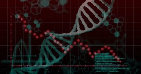 Code column fading in, teal DNA helix shifting, red markers descending to show Stock Footage 329899362