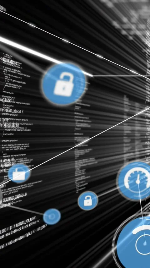 Code column holding tunnel while camera advancing and icons growing, lines Stock Footage 330189570