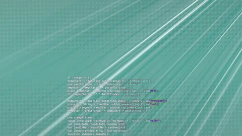 Code column scrolling left on teal grid background, glitch bands and streaks Stock Footage 333413748