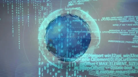 Code columns appearing activating HUD globe rotating, scanning with pulsing Stock Footage 328223891