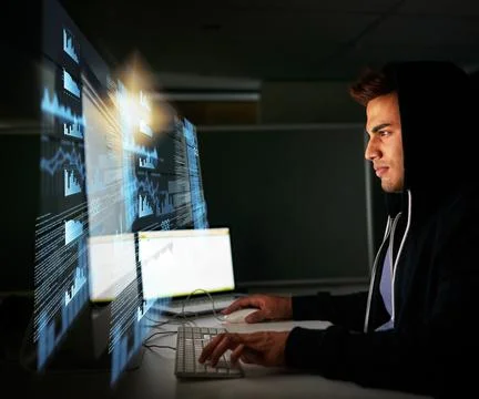 The code is coming along nicely. Cropped shot of a handsome young male comput Stock-Fotos