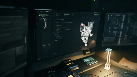 Code Commands To Digital Cyber Robot In Computer Data Language On Screen Stock Footage 277942059