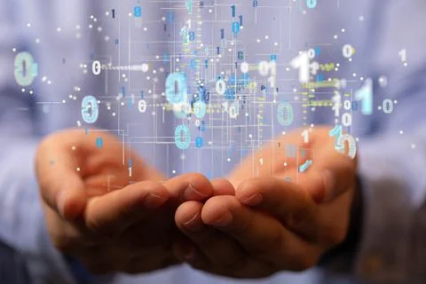 Code concept of 3D rendered connected data hovering over the person's hand Stockfoto's