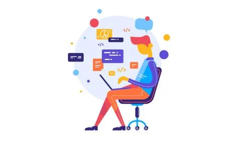 Code concept illustration of student using laptops for developing programs Illustrazione stock