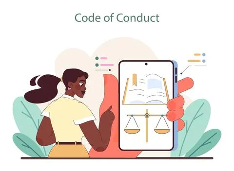 Code of Conduct concept. A person holds a tablet displaying scales of justice. Illustrazione stock