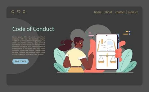 Code of Conduct concept. A person holds a tablet displaying scales of justice. Illustrazione stock