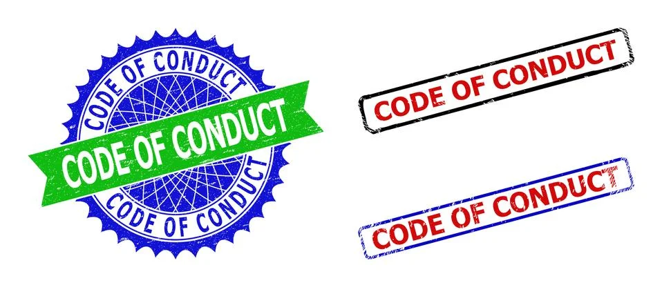 CODE OF CONDUCT Rosette and Rectangle Bicolor Stamps with Distress Styles Illustrazione stock