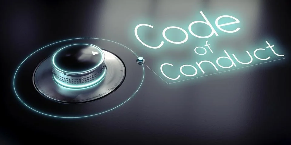 Code of conduct - rotary knob and glowing word - 3D illustration Illustrazione stock
