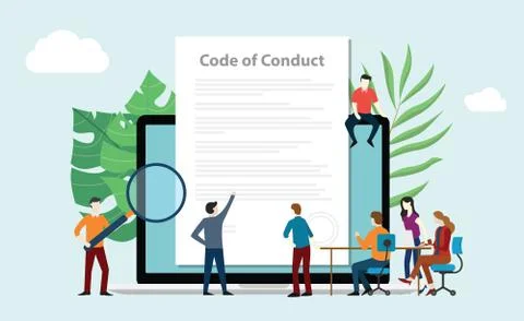Code of conduct team people work together on paper document on laptop screen  Stock Illustration