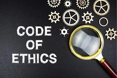 Code of Conduct text message with magnifying glass on black background Stock Photos