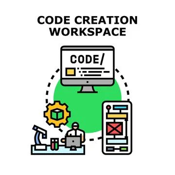 Code creation workspace development programming process Stock Illustration
