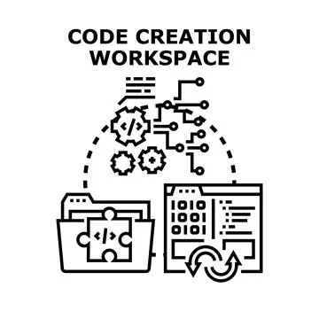 Code creation workspace programming development process Stock Illustration