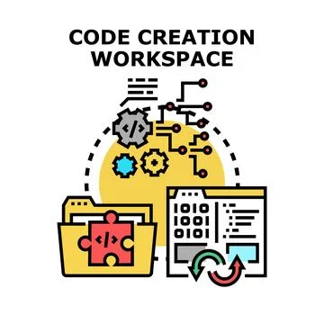 Code creation workspace programming development process Stock Illustration