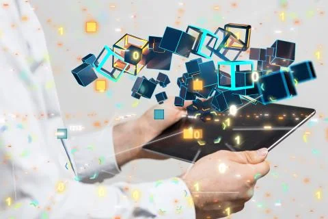 A code data concept in hand digital 3d Stockfoto's