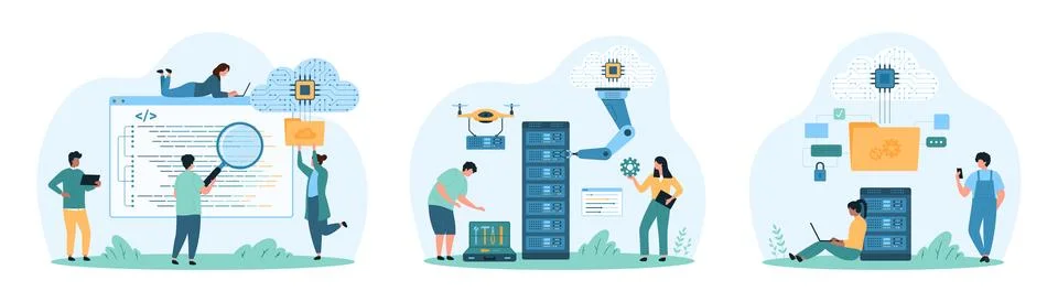 Code development, software for database and hosting service hardware by tiny Stock Illustration