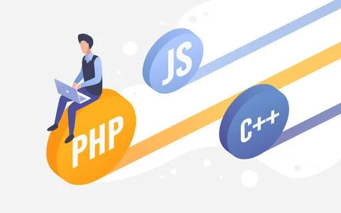 Code development work, web engineering, coder sitting on programming languages Stock Illustration