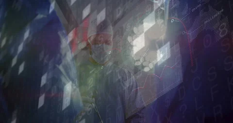 Code drifting to reveal surgeon holding instrument while medical charts evolving Stock Footage 311138966