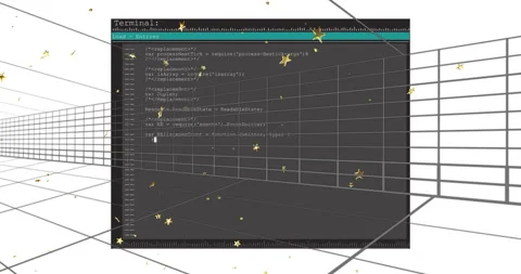 Code editor interface with floating golden stars animation over grid lines Stock Footage 304159031
