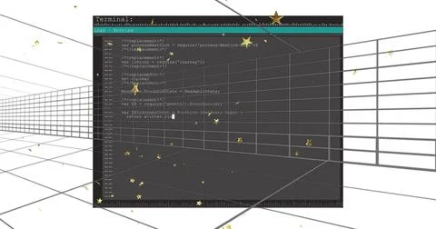 Code editor interface with floating golden stars image over grid lines Stock Illustration