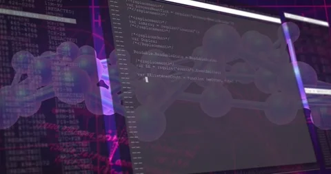 Code editor panel sliding in, revealing JS code, overlaying purple molecule for 库存影片 334115499