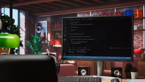 Code editor on PC display used to build applications in cozy bright living room Stock Photos