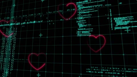 Code emerging on 3D cyan grid, hearts pulsing, code scrolling, scan lines Stock Footage 317607966