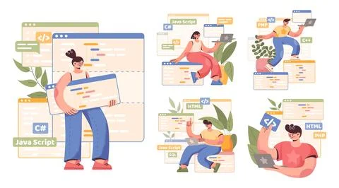 Code engineer works in program software. Web technology language. Backend java Stock Illustration