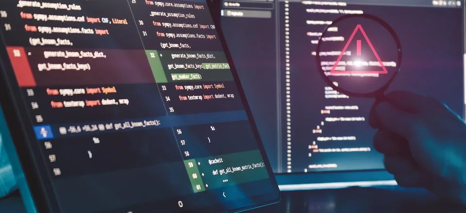 Code Error Detection and Software Debugging Concept with Warning Symbol in Ma Stock Photos