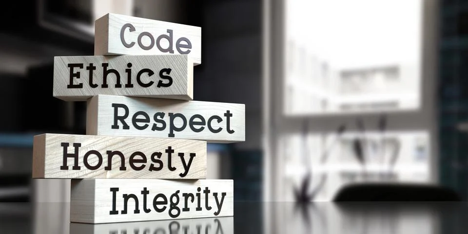 Code, ethics, respect, honesty, integrity - words on wooden blocks Illustrazione stock