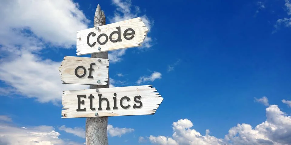 Code of ethics - wooden signpost with three arrows Illustrazione stock