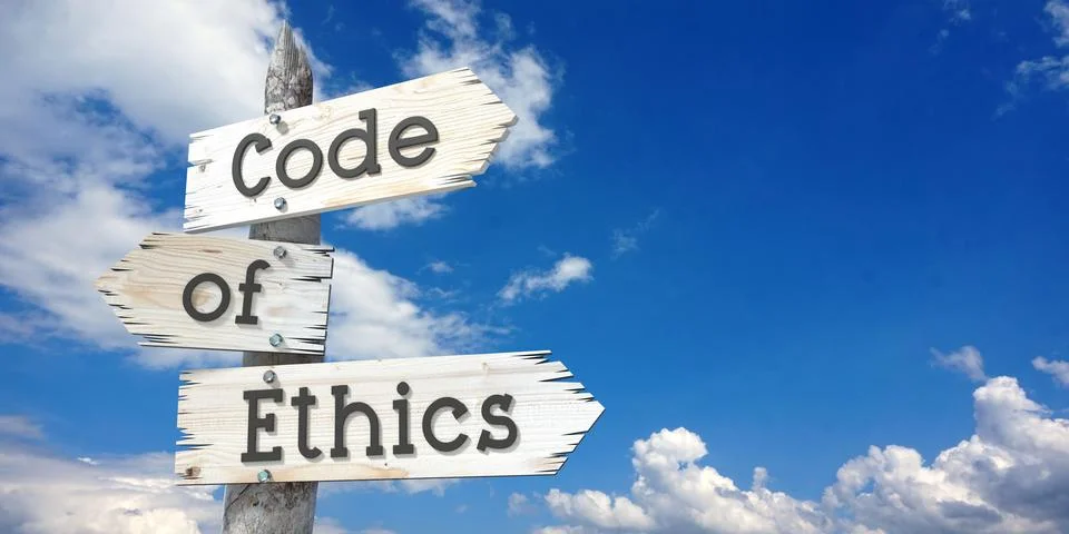 Code of ethics - wooden signpost with three arrows Illustrazione stock