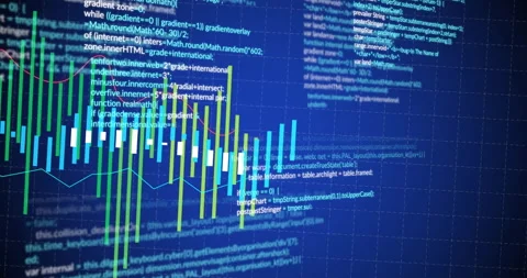 With code fading in, histogram bars emerging, colors shifting and red line Stock Footage 312481601