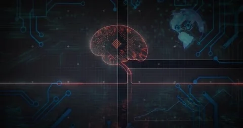 Code fading in, neon brain pulsing with flickering nodes and magenta line Stock Footage 329702373