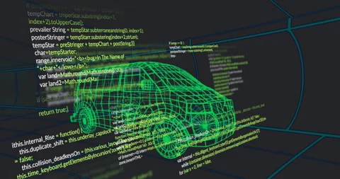 Code fading in starting wireframe van with scrolling script wrapping model Stock Footage 311677623