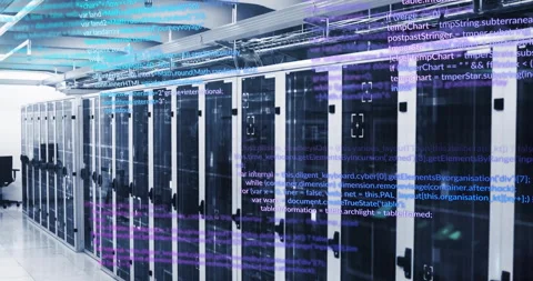 Code fading while camera panning across white servers and scrolling simulating Stock Footage 312694247